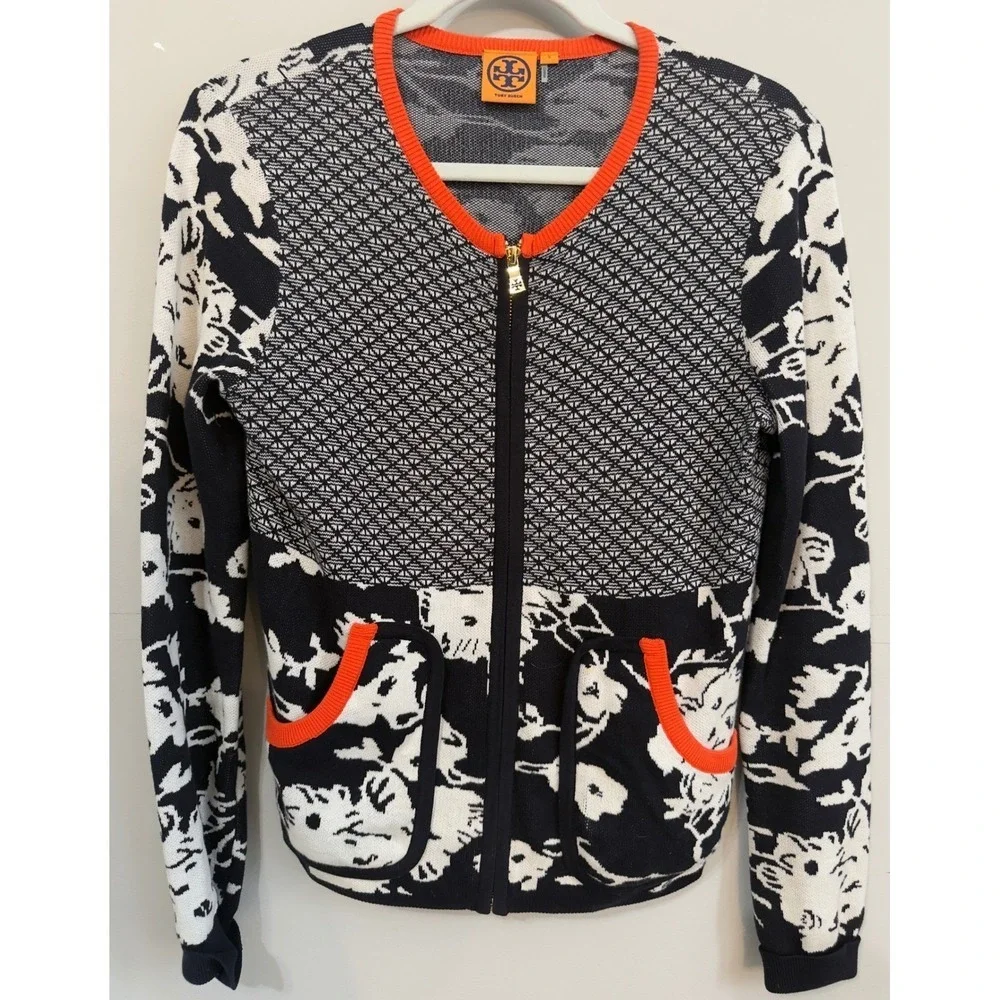 Tory Burch Women Navy White Floral Geometric Zip Front Cotton Cardigan Sweater L